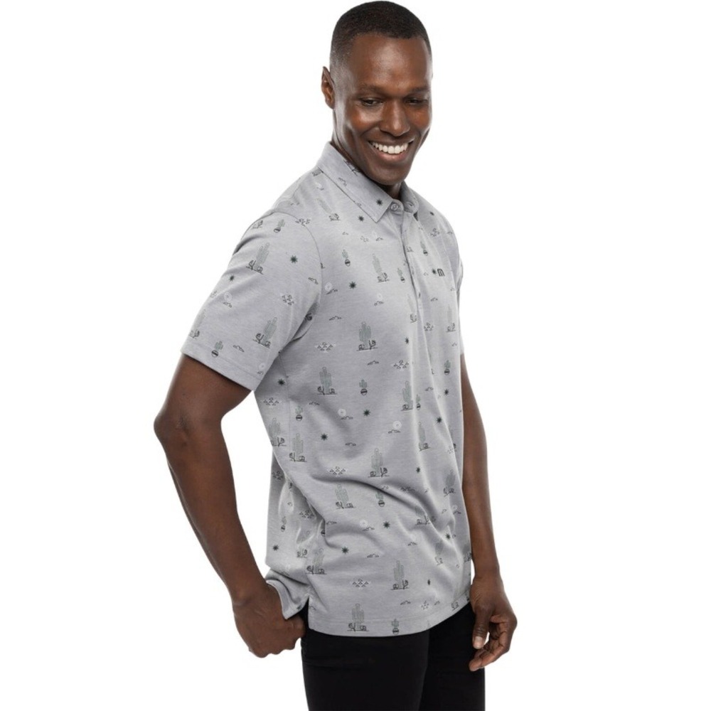 TravisMathew Mens Polo Shirt Candy Shores Grey Cactus Print Short Sleeve Golf M